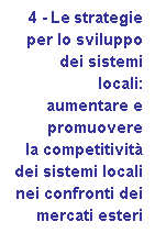Casella di testo:     4 - Le strategie 
	per lo sviluppo
 	dei sistemi 
	locali: 
	aumentare e 
	promuovere 
	la competitivit 
	dei sistemi locali 
	nei confronti dei 
	mercati esteri

